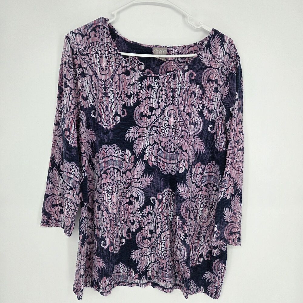 Chicos Zenergy Flowy Top Purple Pink Resort Wear Size 2 (Lg 12/14) Colorful